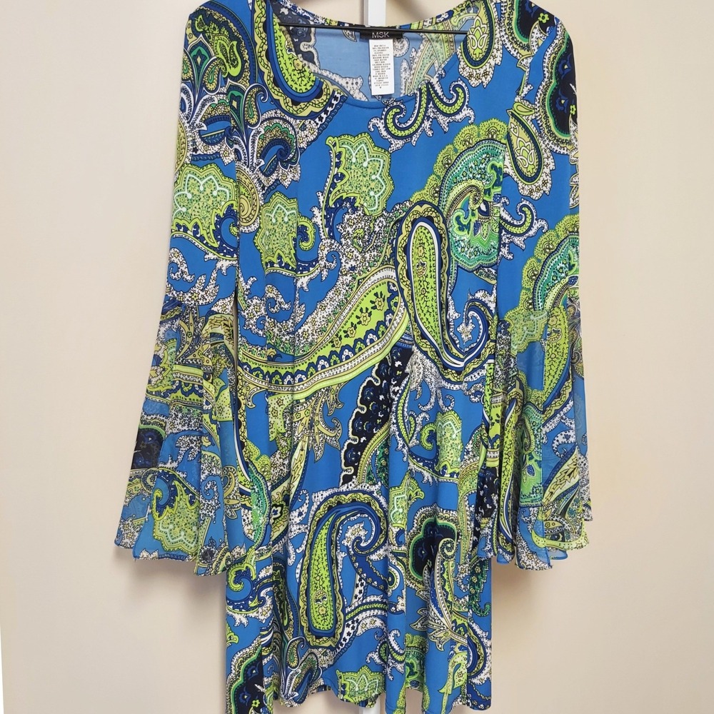 MSK Women's Blue Green Paisley Bell Sleeve Shift Dress M Boho Chic Maximalist